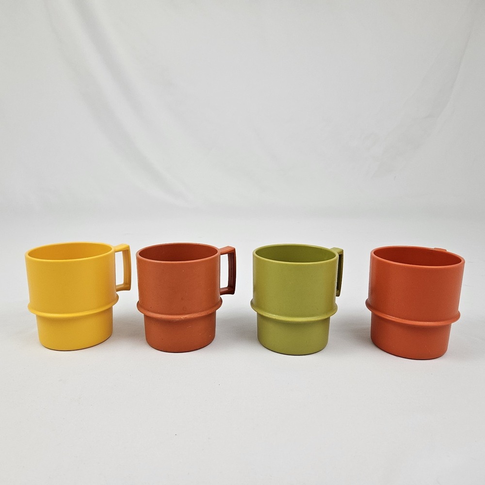 4 Tupperware Stacking Coffee Mugs Cup #1312 Mid-Century Modern Orange Green Gold